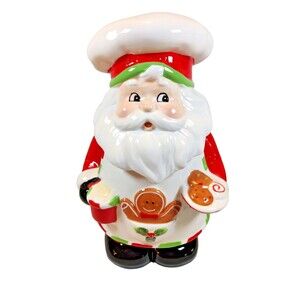 Sleigh Bell Bistro Cookie Jar Santa Claus Chef Cook Holding Cookies